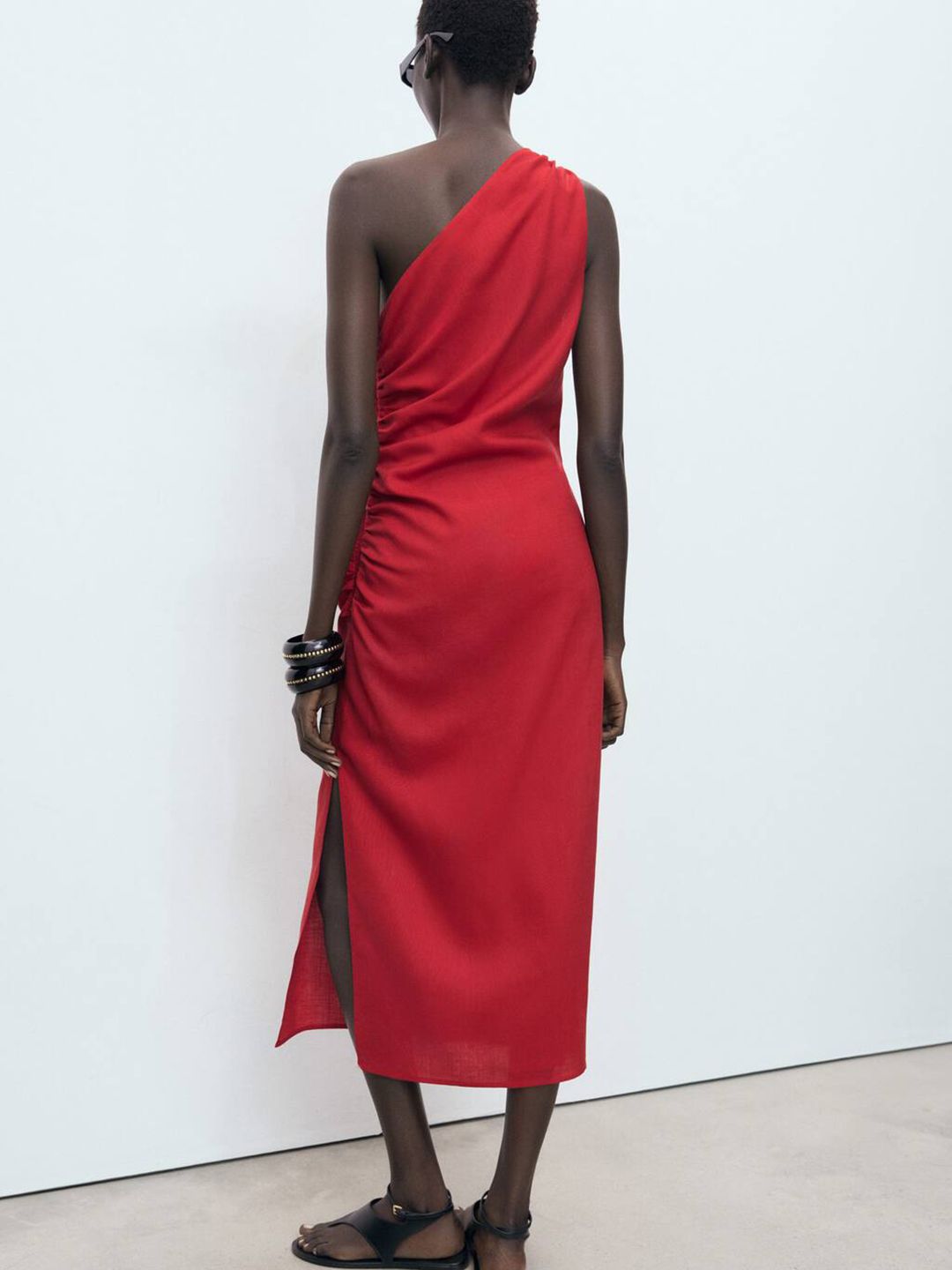 One Shoulder Ruched Midi Sheath Dress with Side Slit