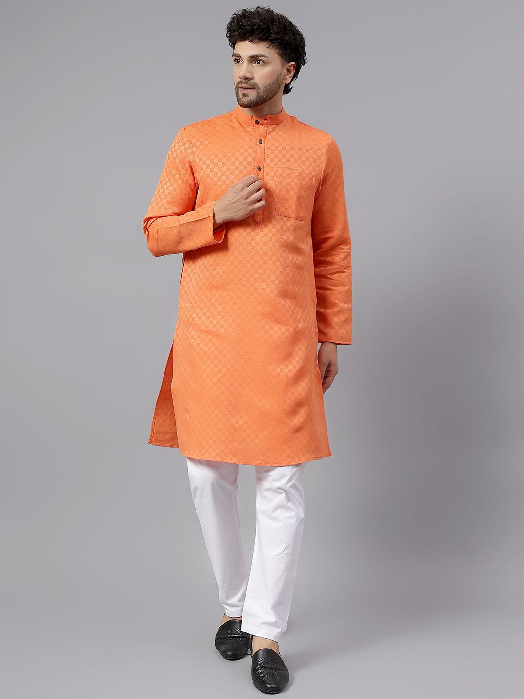 Latest Chikan Garments Men Checked Woven Design Mandarin Collar Straight Kurta