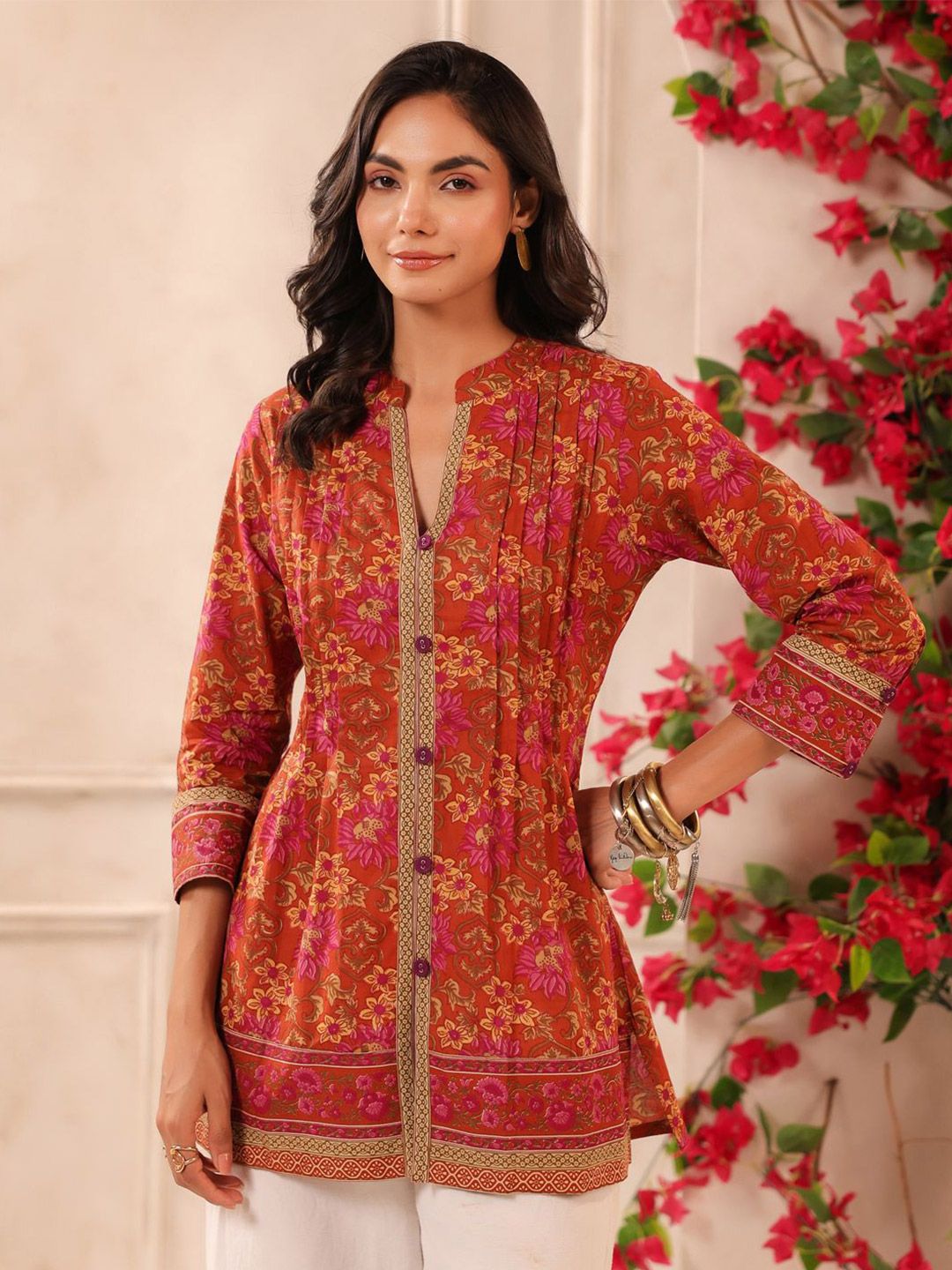 Jaipur Morni Women Floral Print Mandarin Collar Cotton Top