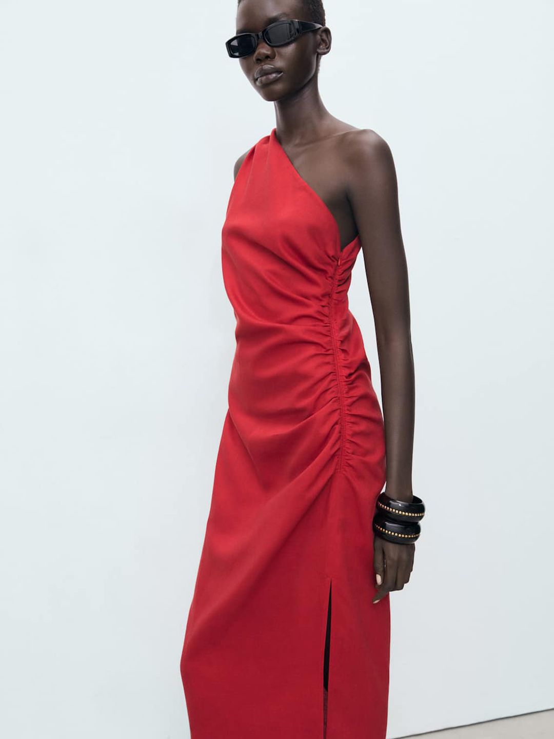 One Shoulder Ruched Midi Sheath Dress with Side Slit