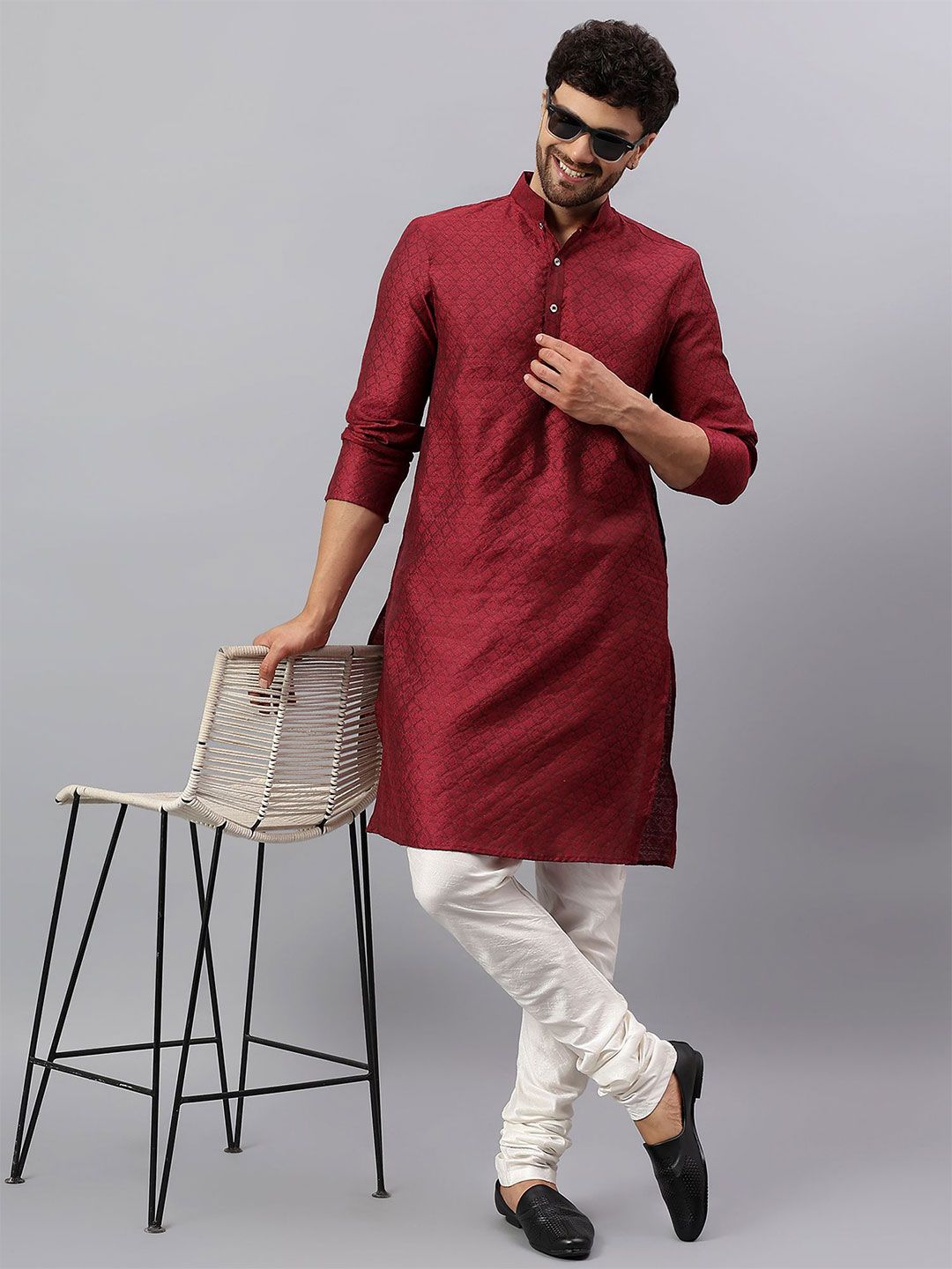Latest Chikan Garments Self Design Mandarin Collar Pastels Jacquard Silk Kurta