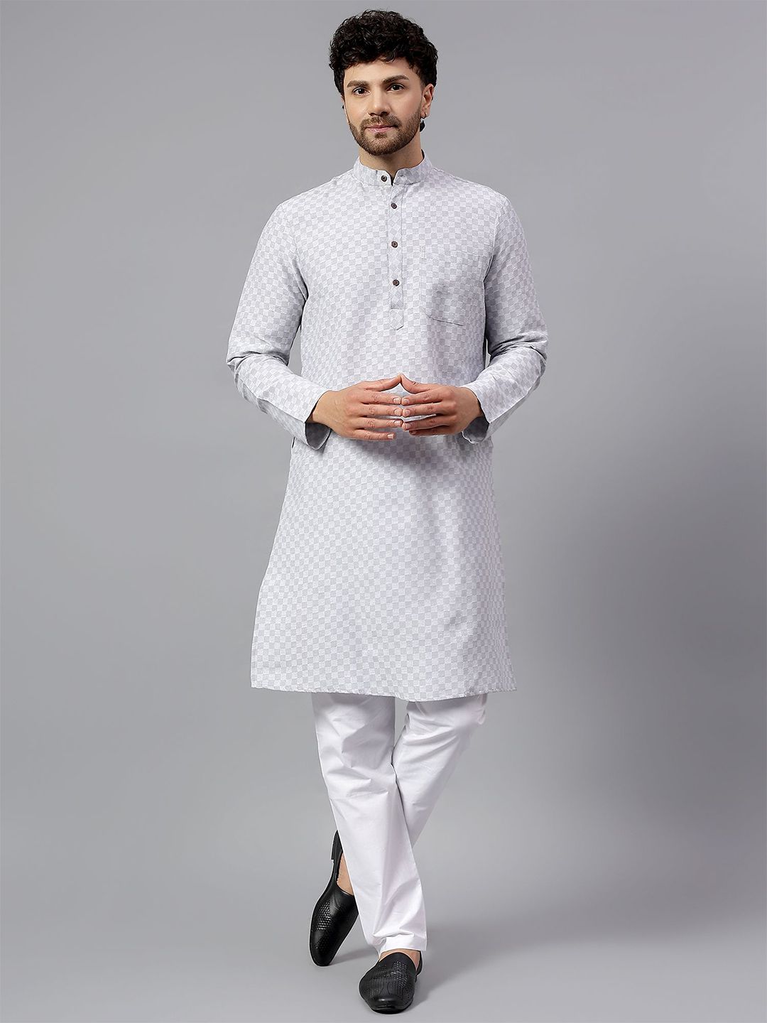 Latest Chikan Garments Men Checked Festive Cotton Straight Kurta