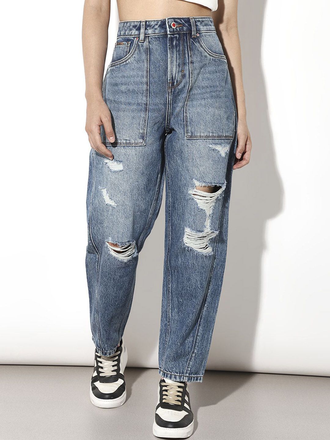 ONLY Women High-Rise Highly Distressed Light Fade Jeans