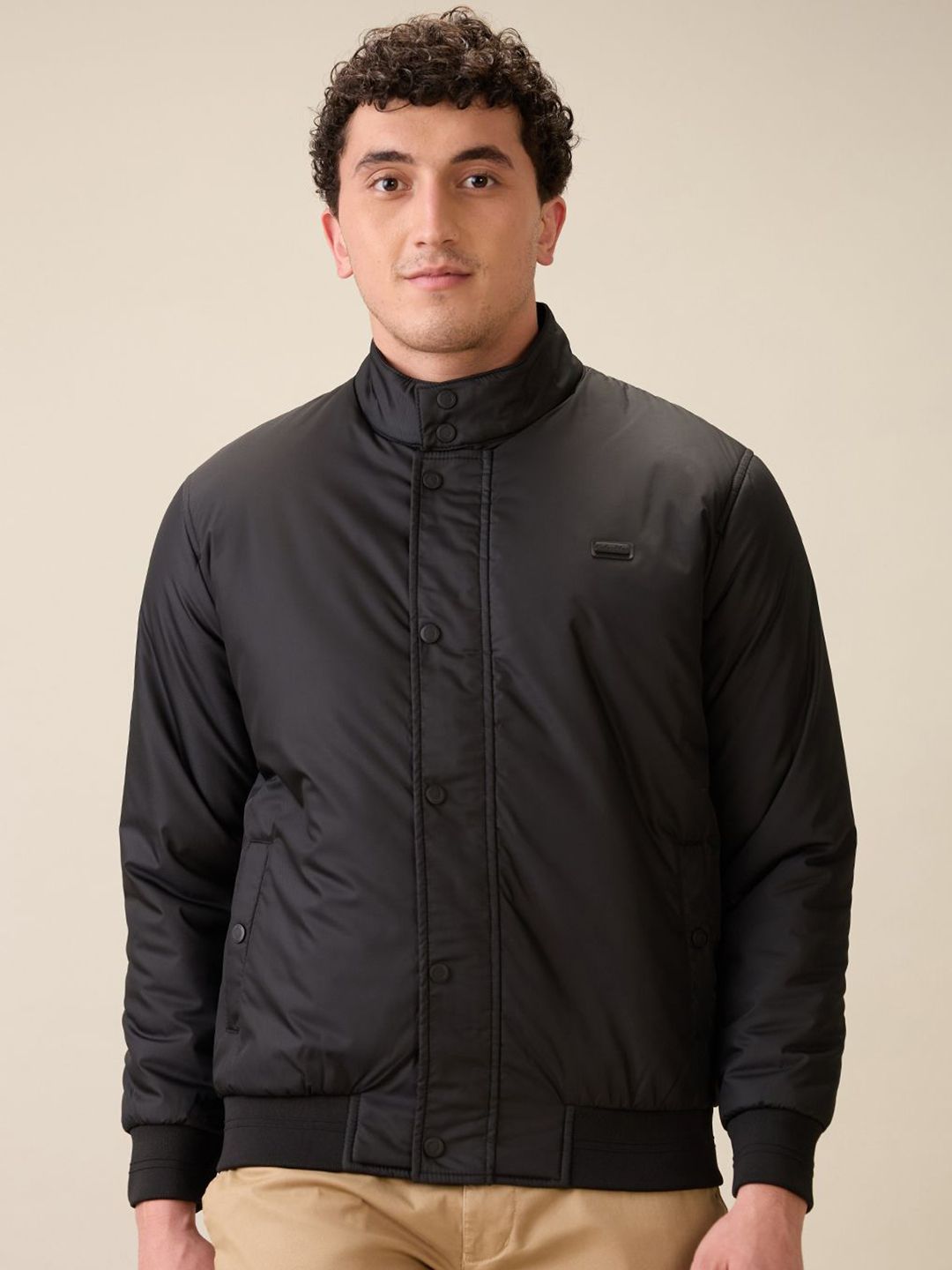ColorPlus Men Mock Collar Solid Casual Bomber Jacket