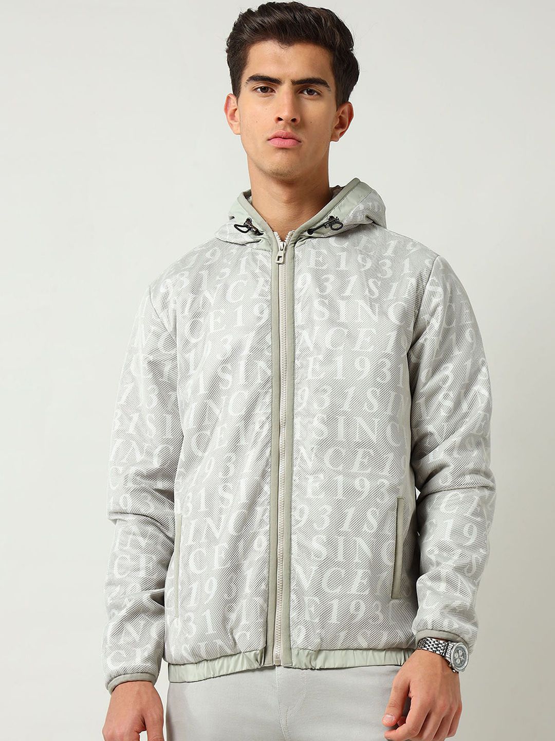 AD By Arvind Men Hooded Typography Casual Bomber Jacket