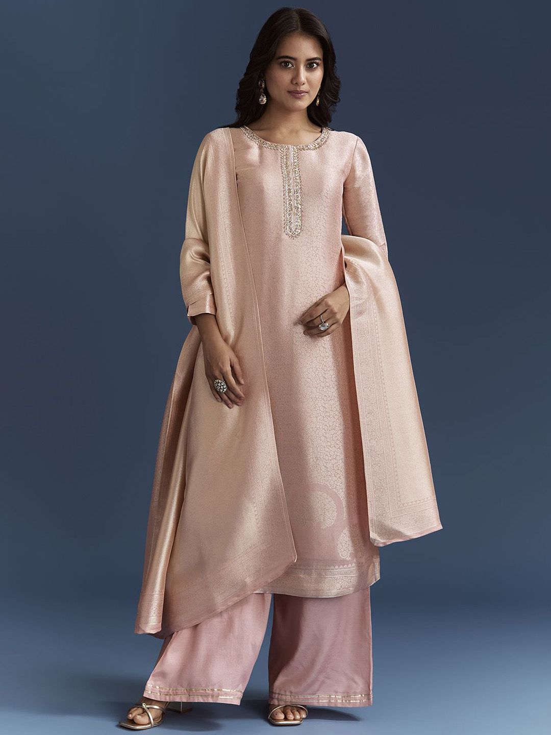 KALKI Fashion KALKI Fashion Ethnic Motifs Embroidered Tissue Straight Kurta With Trousers & Dupatta