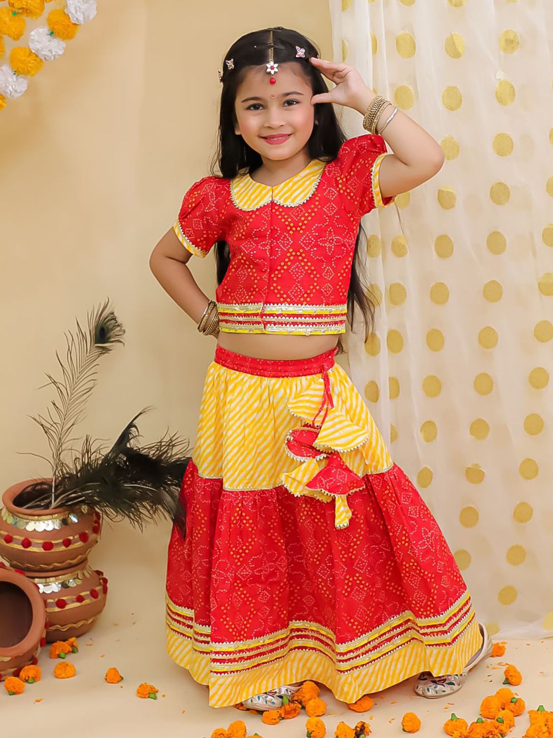 BownBee Girls Bandhani Printed Pure Cotton Ready to Wear Lehenga & Choli