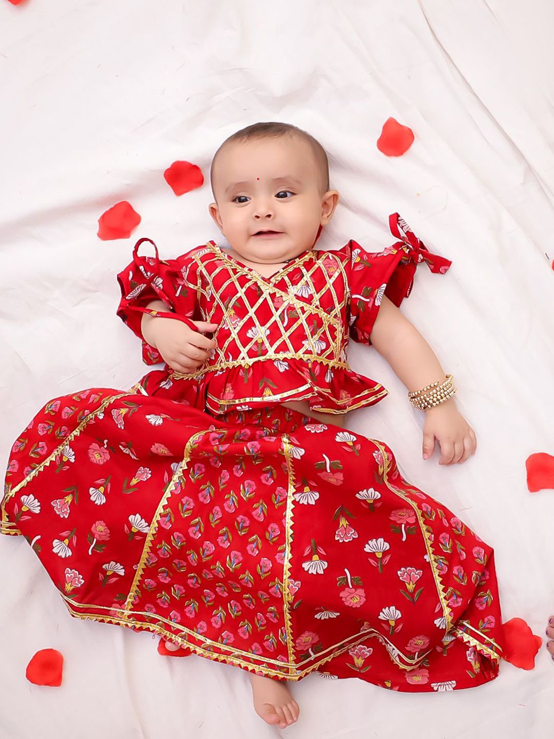 BownBee Girls Floral Printed Gotta Patti Pure Cotton Ready to Wear Lehenga & Choli