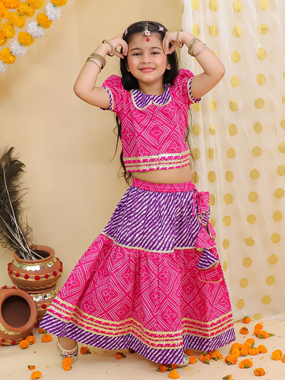 BownBee Girls Bandhani Printed Gotta Patti Pure Cotton Ready to Wear Lehenga & Choli