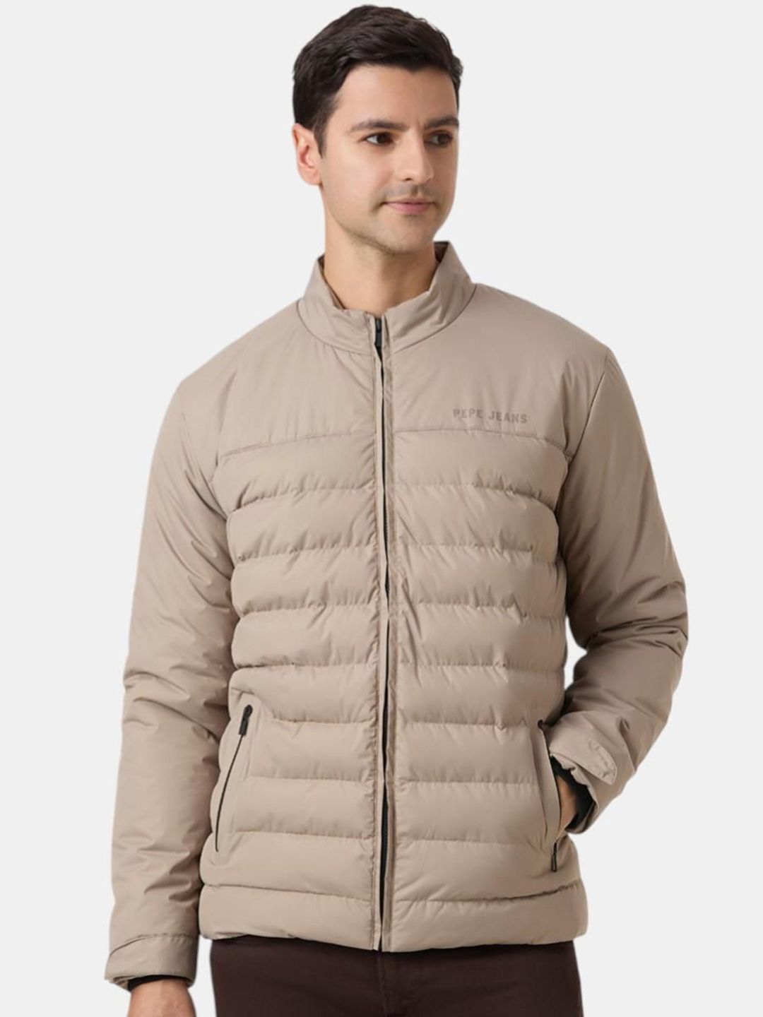 Pepe Jeans Men Mock Collar Solid Casual Puffer Jacket