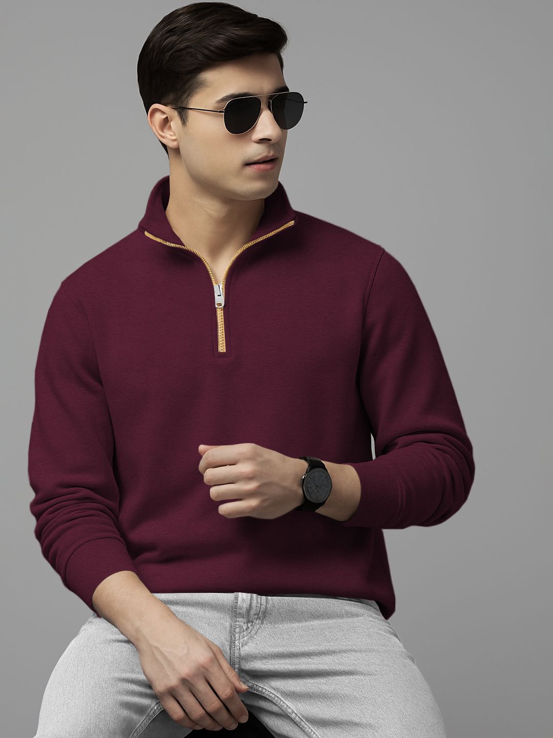 Buy TRIPR Men Solid Full Sleeve Half Zipper Sweatshirt