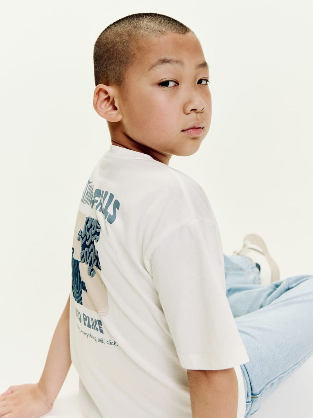 Mango Kids Boys Pure Cotton Typography Printed Drop-Shoulder Sleeves T-shirt