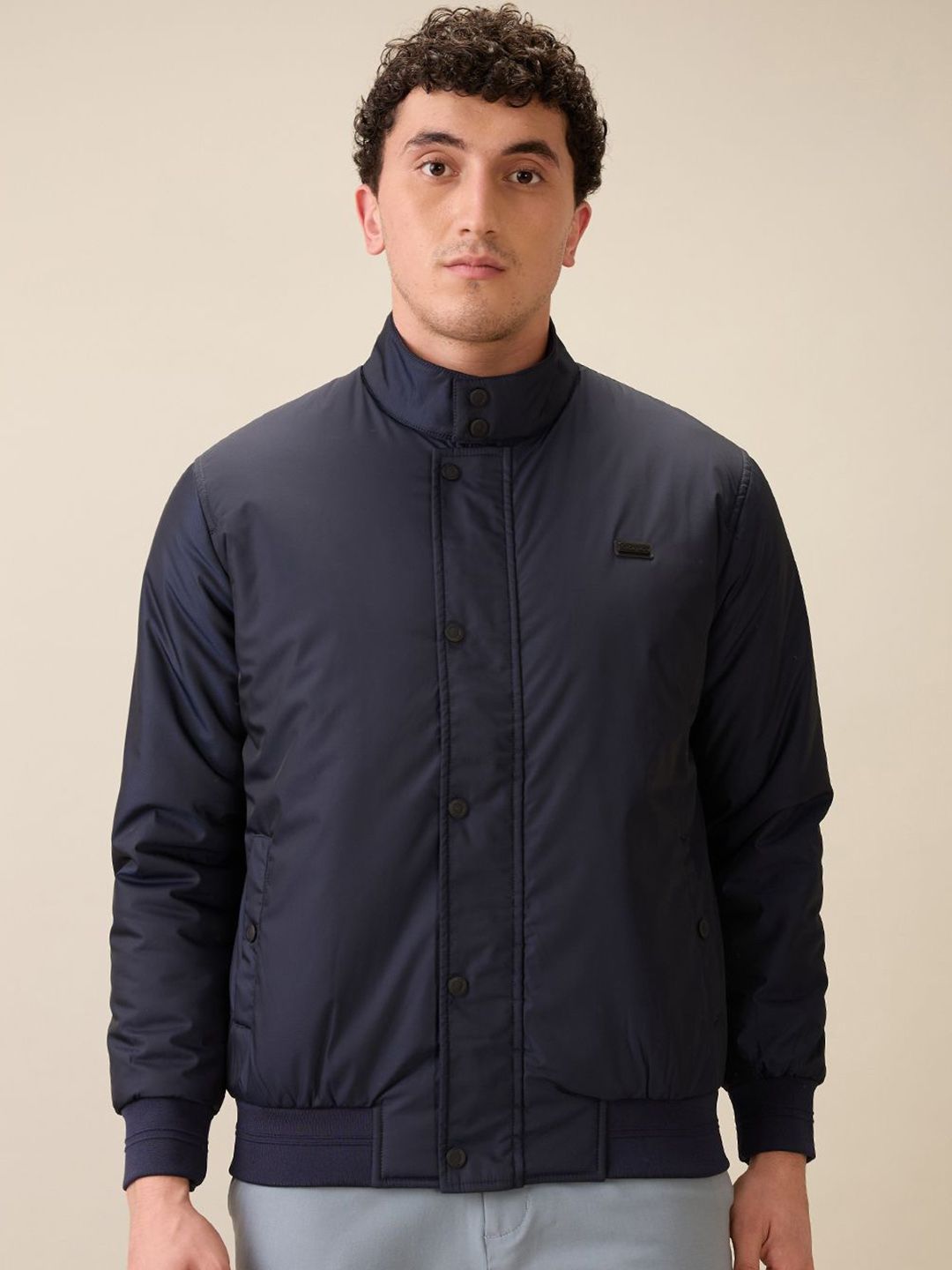 ColorPlus Men Mock Collar Solid Casual Bomber Jacket