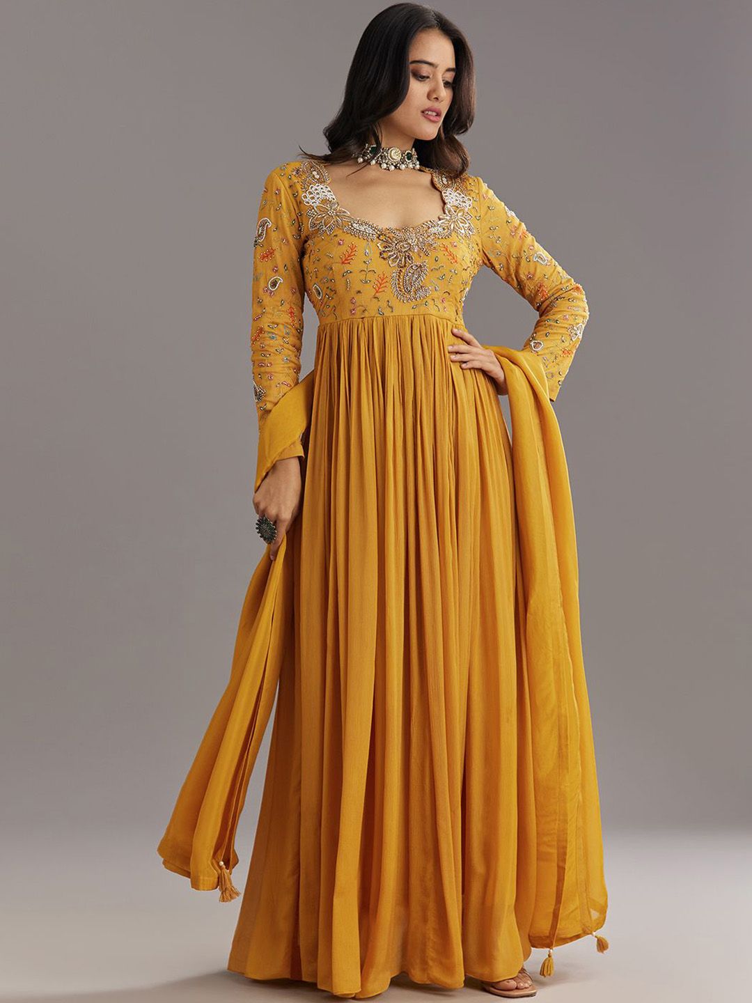 kalki fashion yellow dress Yellow Bridesmaid Lehenga With Sleeveless Blouse And Draped Cape
