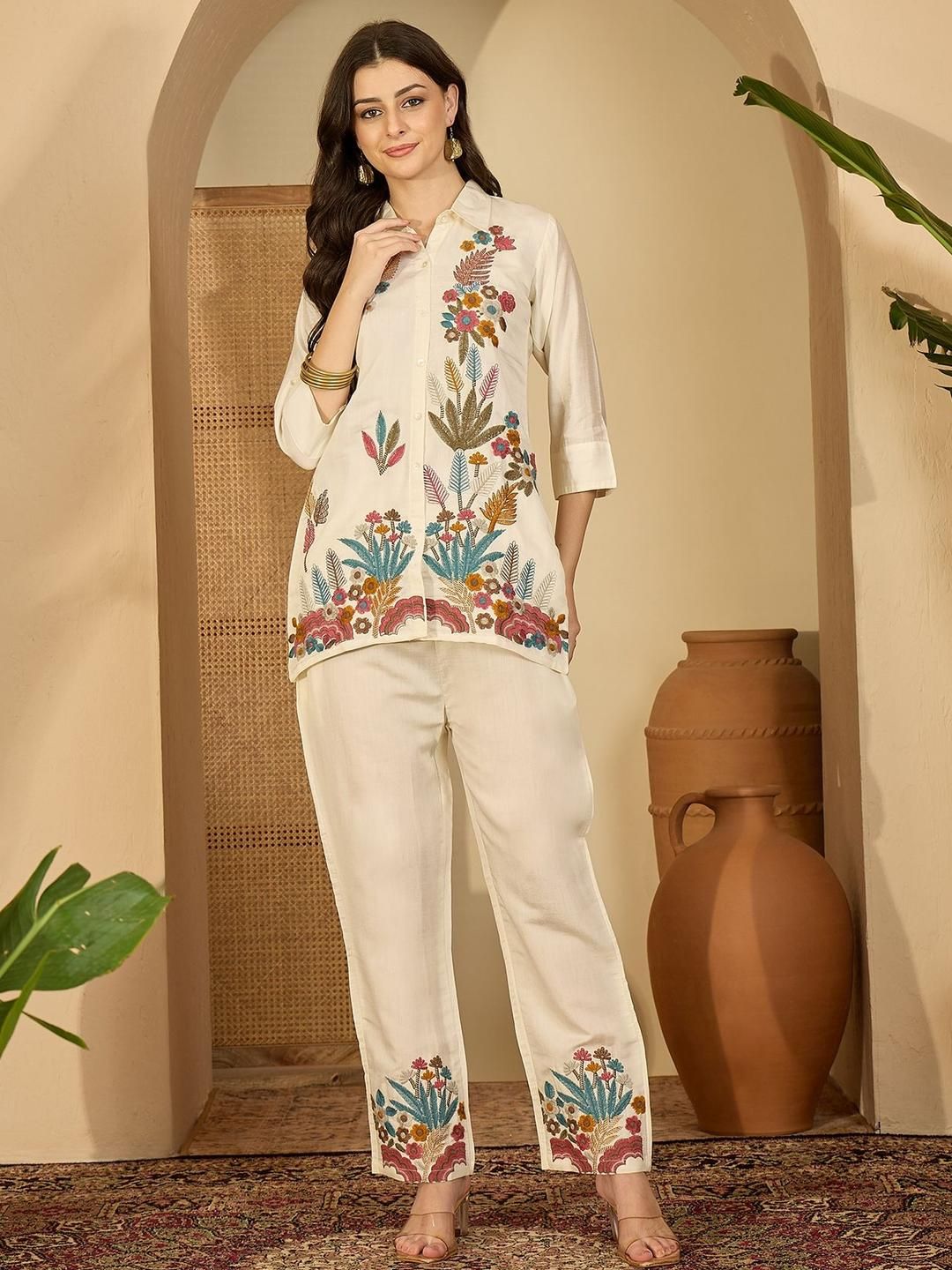 Sangria Women Embroidered Shirt Style Top With Trousers Co-Ords