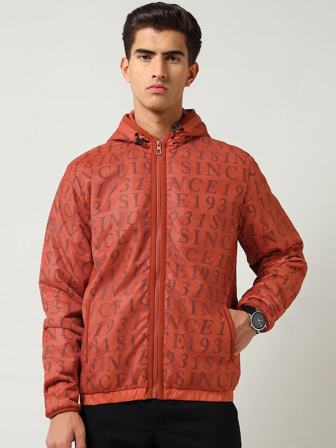 AD By Arvind Men Hooded Typography Casual Bomber Jacket