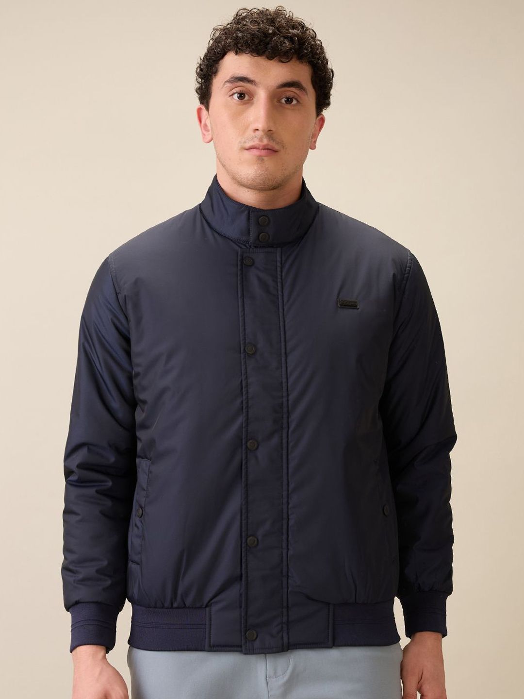 ColorPlus Men Mock Collar Solid Casual Bomber Jacket