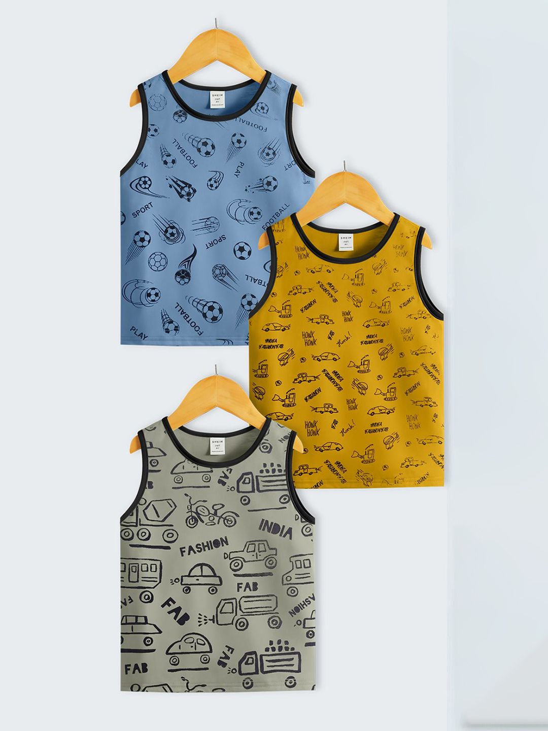 INDIA FASHION FAB Boys Pack Of 3 Printed Round Neck Pure Cotton Innerwear Vests