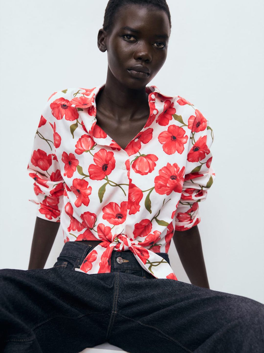 Floral Printed Cutaway Collar Tie-Up Detail Crop Shirt