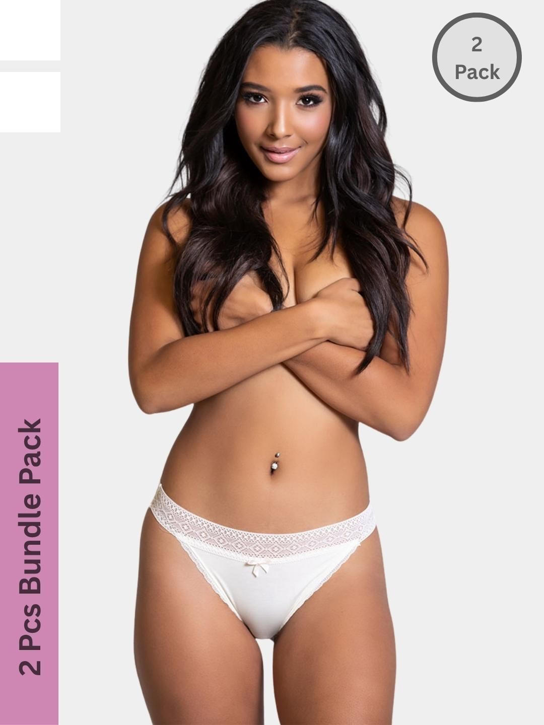 LoveAasan Women Pack of 2 White Solid With Lack Thong Briefs