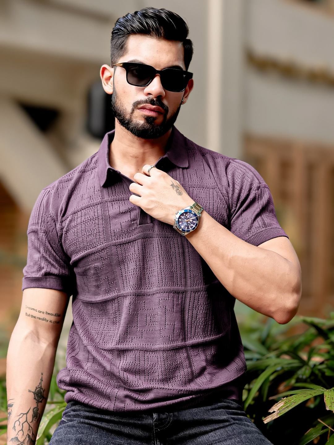 Maniac Men Self Design Polo Collar Cotton T-shirt