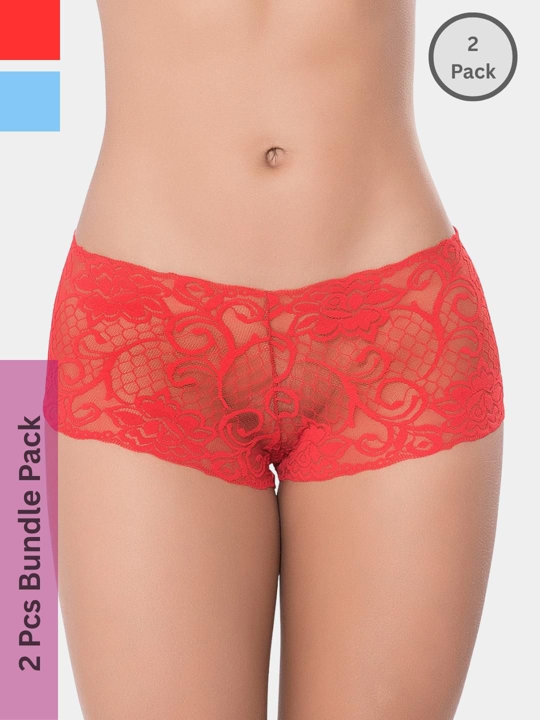 LoveAasan Women Pack of 2 Red & Turquoise Blue Lace Boyshorts Panty