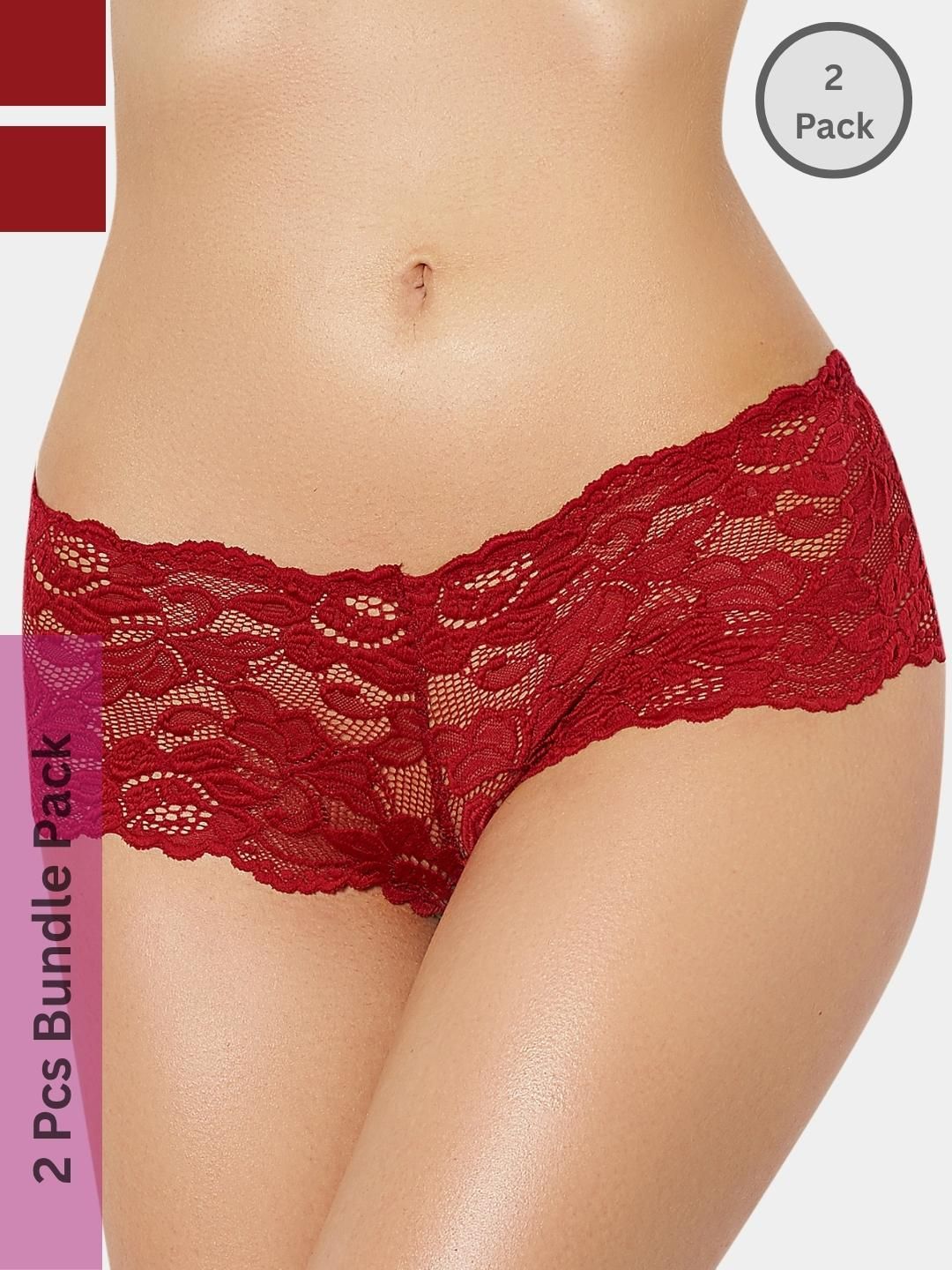 LoveAasan Women Pack of 2 Maroon Lace Seamless Hipster Briefs