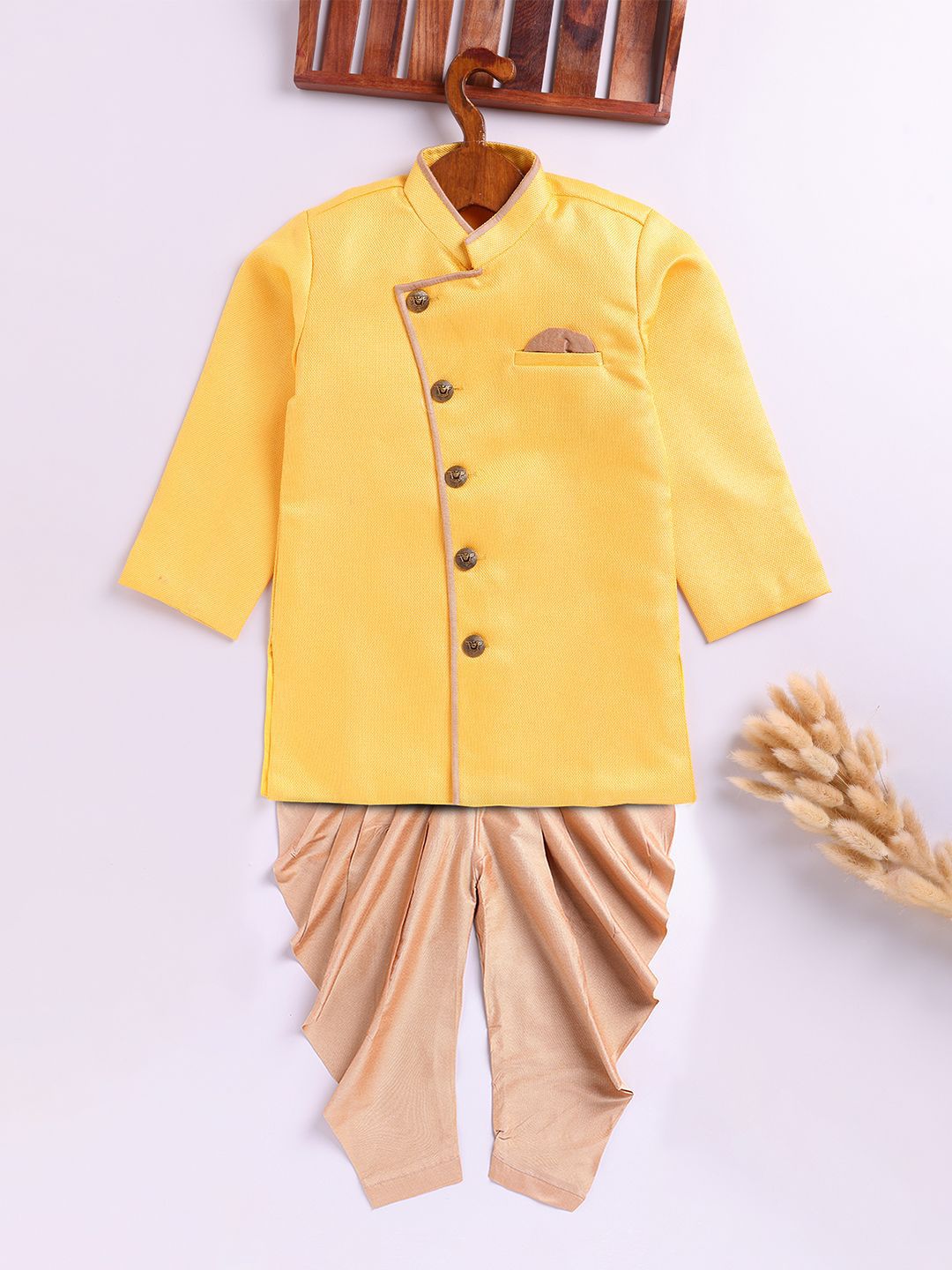 JBN Creation Boys Self Design Mandarin Collar Sherwani Set