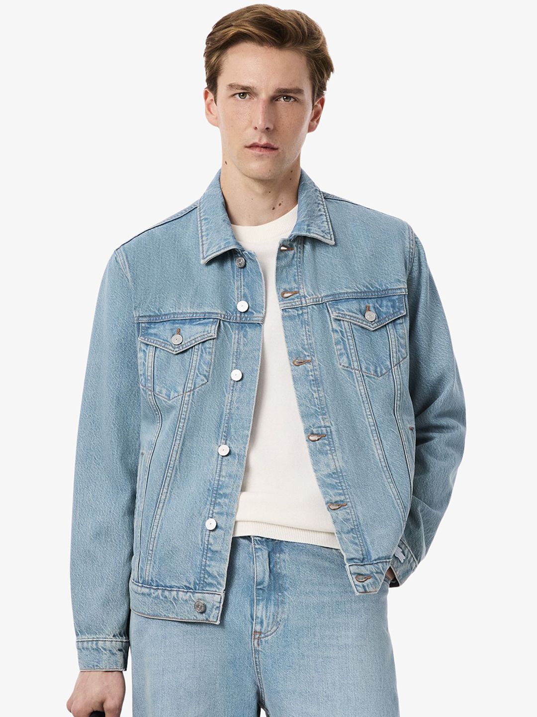 Lacoste Men Spread Collar Washed Solid Pure Cotton Denim Jacket