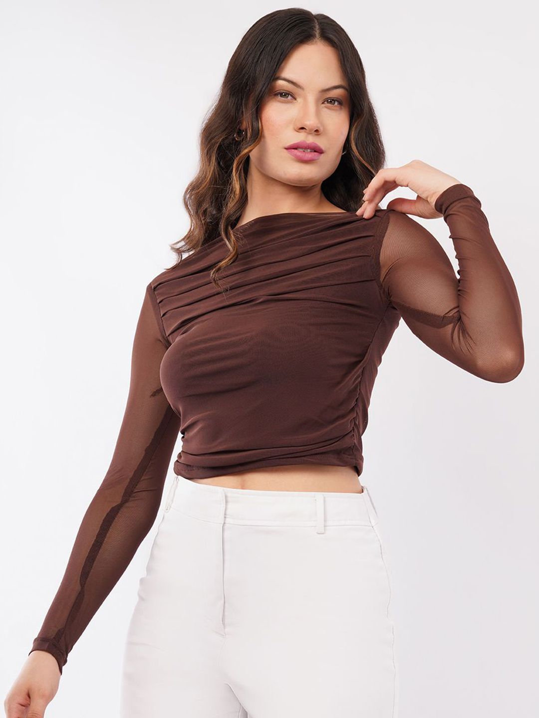 Buy Deshi Girl Mesh Layered Boat Neck Net Sheer Draped Fitted Top