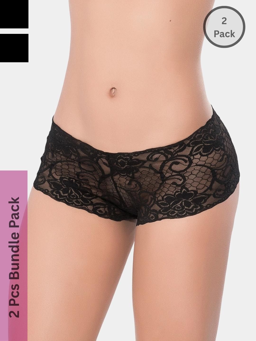 LoveAasan Women Pack of 2 Black Lack Boy Shorts Briefs
