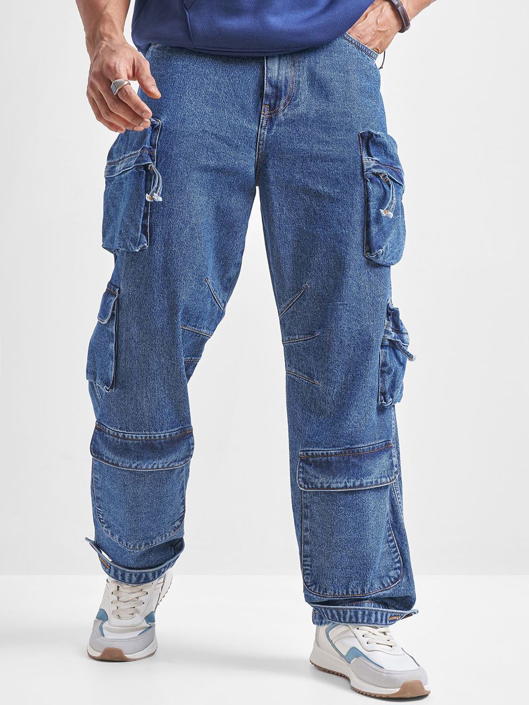HIGHLANDER  Men Blue High Rise Cargo Styles Baggy Fit Utility Jeans