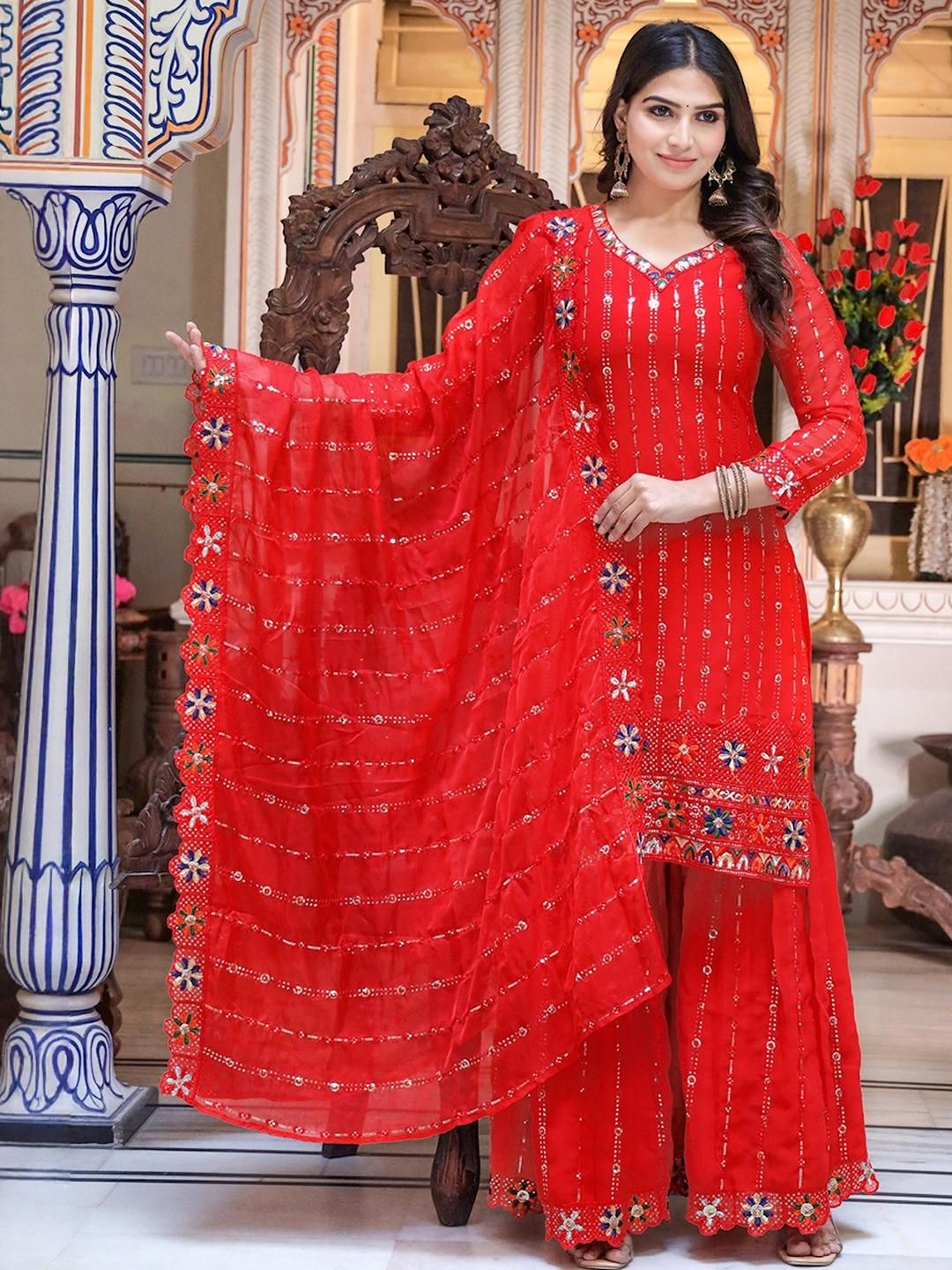 ELVISH JAIPUR Women Red Sequinned Embroidered Georgette Kurta with Sharara & Dupatta