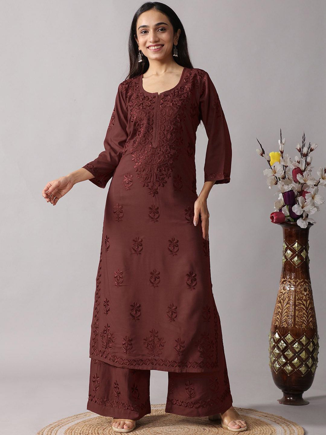 Straight Kurta With Palazzos colorkosh Floral Embroidered Chikankari Notch Neck Straight Kurta With Palazzos