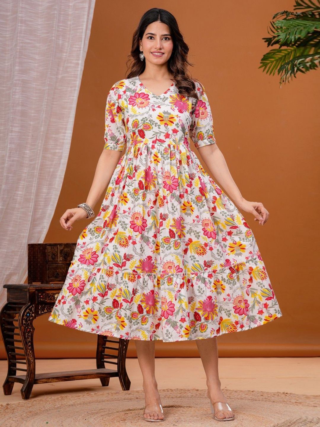 FEMARY Women Floral Printed Puff Sleeve Maternity Pure Cotton Fit & Flare Midi Dress