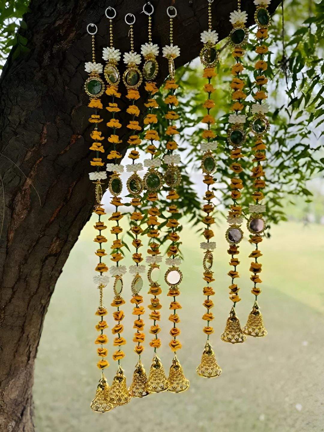 Sellplus 8 Pcs Yellow & White Pompom Toran Festive Decor Hangings