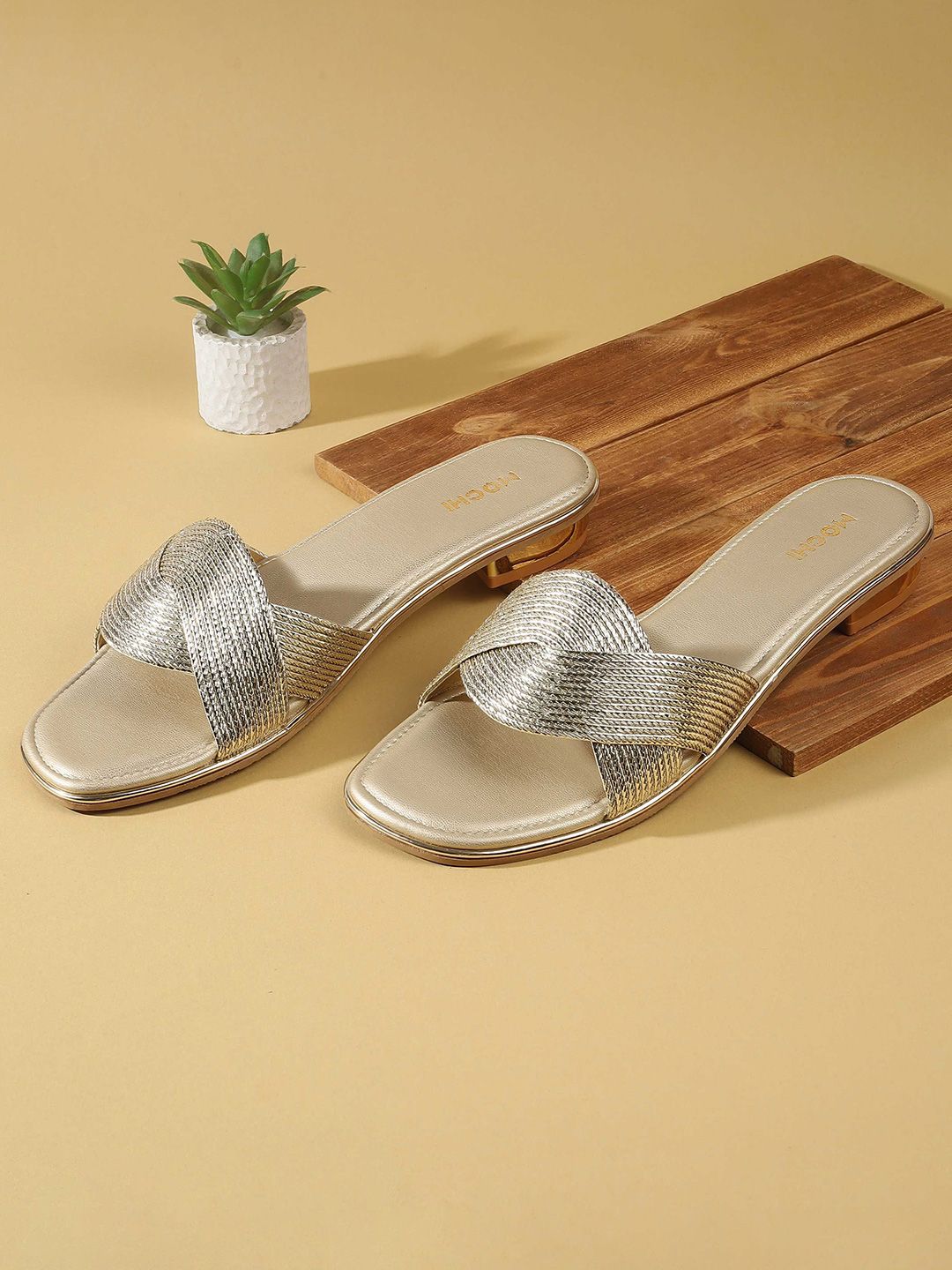 Mochi Women Metallic Open Toe Flats