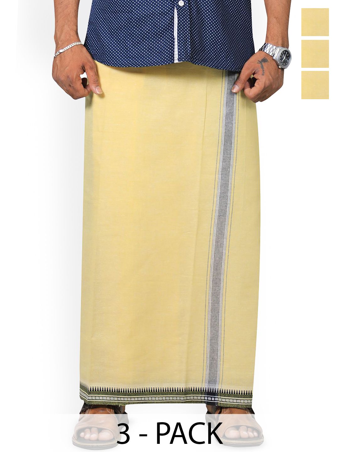 PRAKASAM COTTON Men Selection Of 3 Thalapathi Border Dhoties - 2mtr
