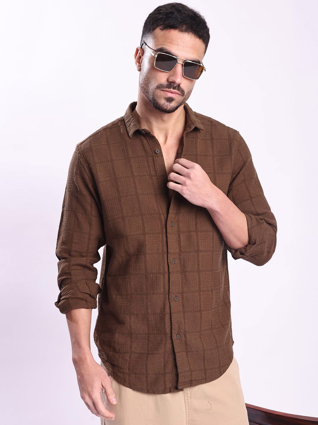 Bene Kleed Men Textured Spread Collar Pure Cotton Casual Shirt