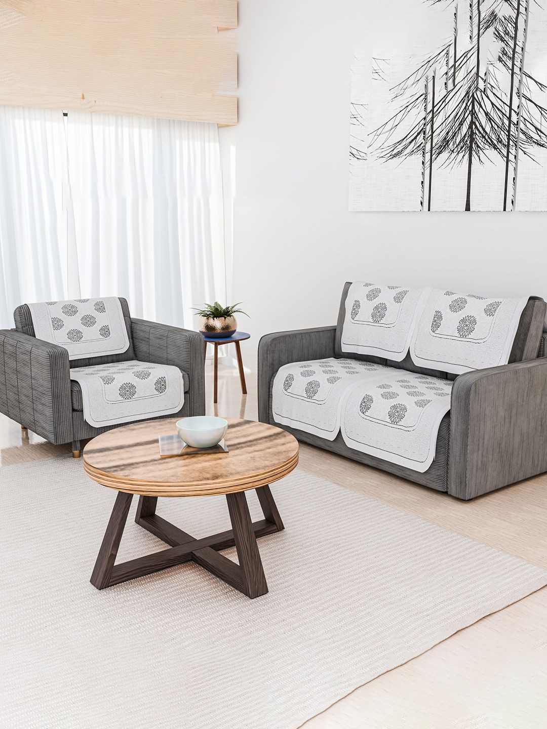 Kuber Industries Grey & Black 6 Pieces Printed Cotton 3 Seater Sofa Covers