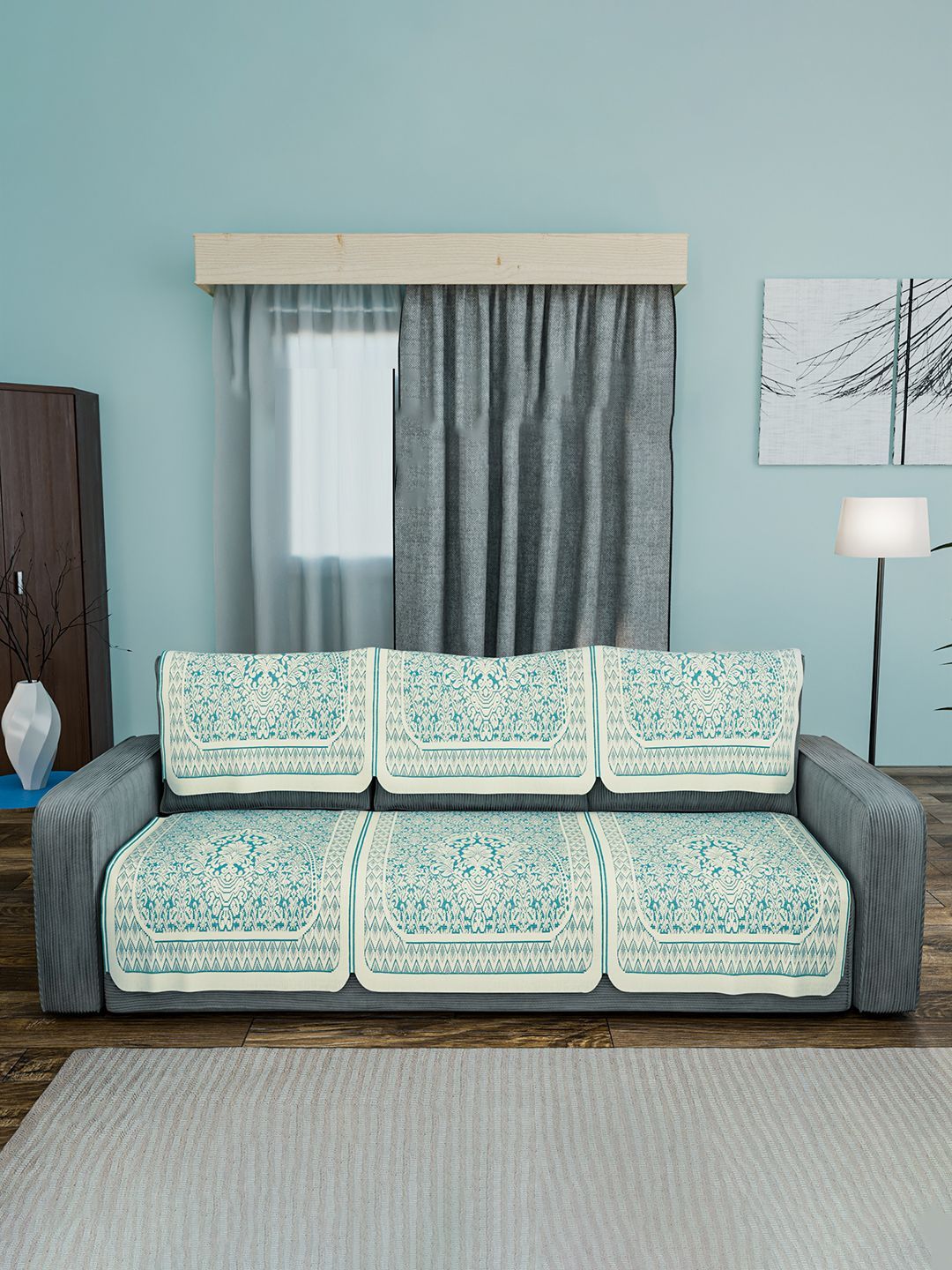 Kuber Industries Cream-Coloured & Blue 6 Pieces Printed Cotton 3 Seater Sofa Covers