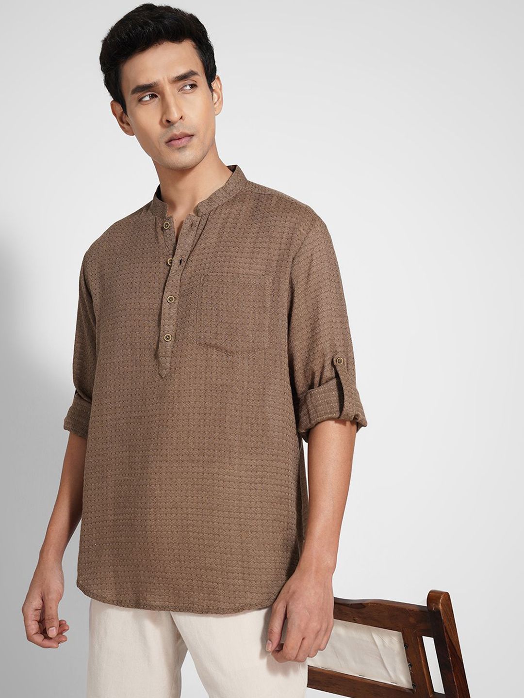 indus route by Pantaloons Men Pure Cotton Woven Design Mandarin Collar Kurta