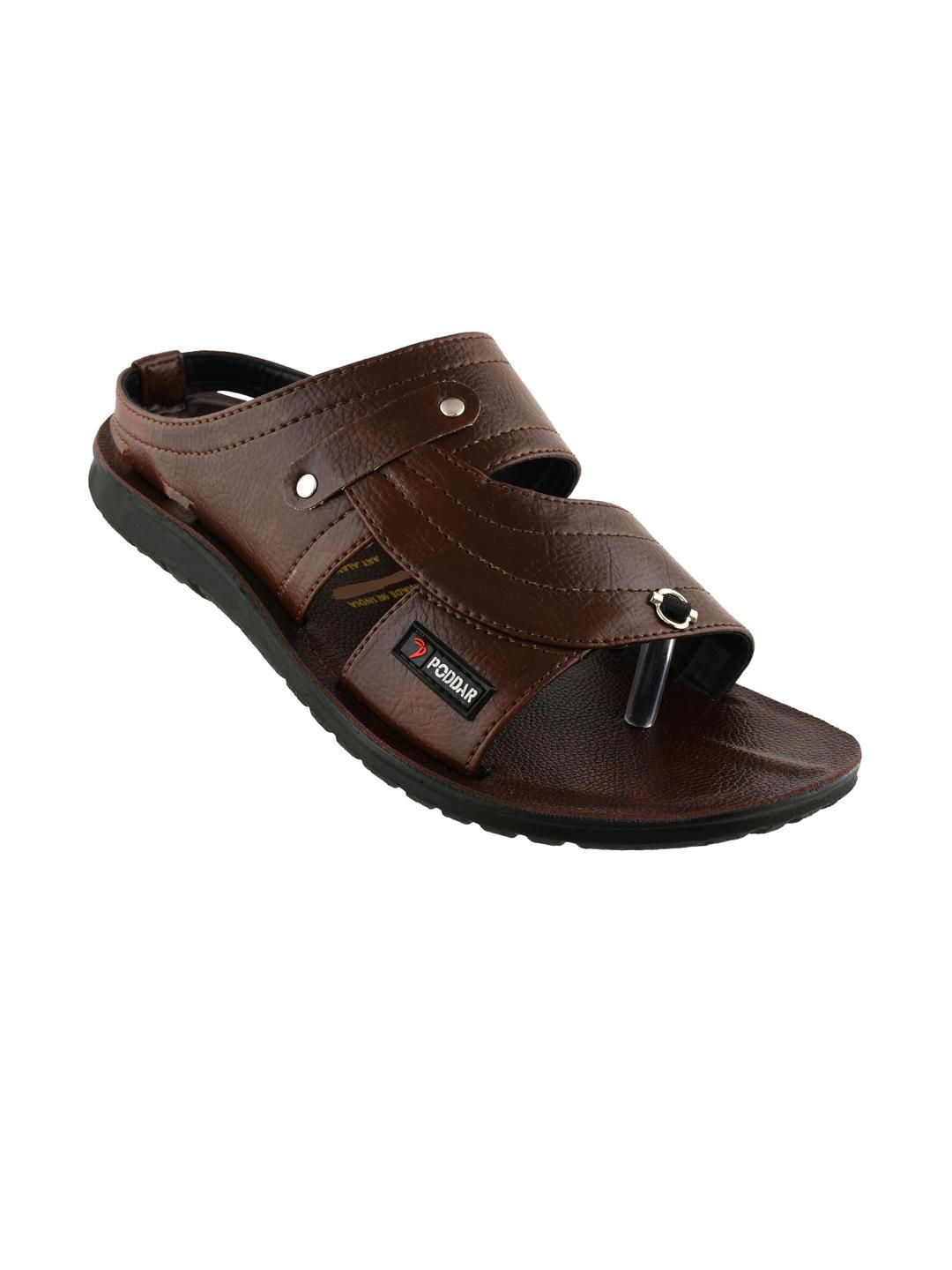 PODDAR Men Brown Textured Open-Toe Slip-On Sliders with Buckle Sandal