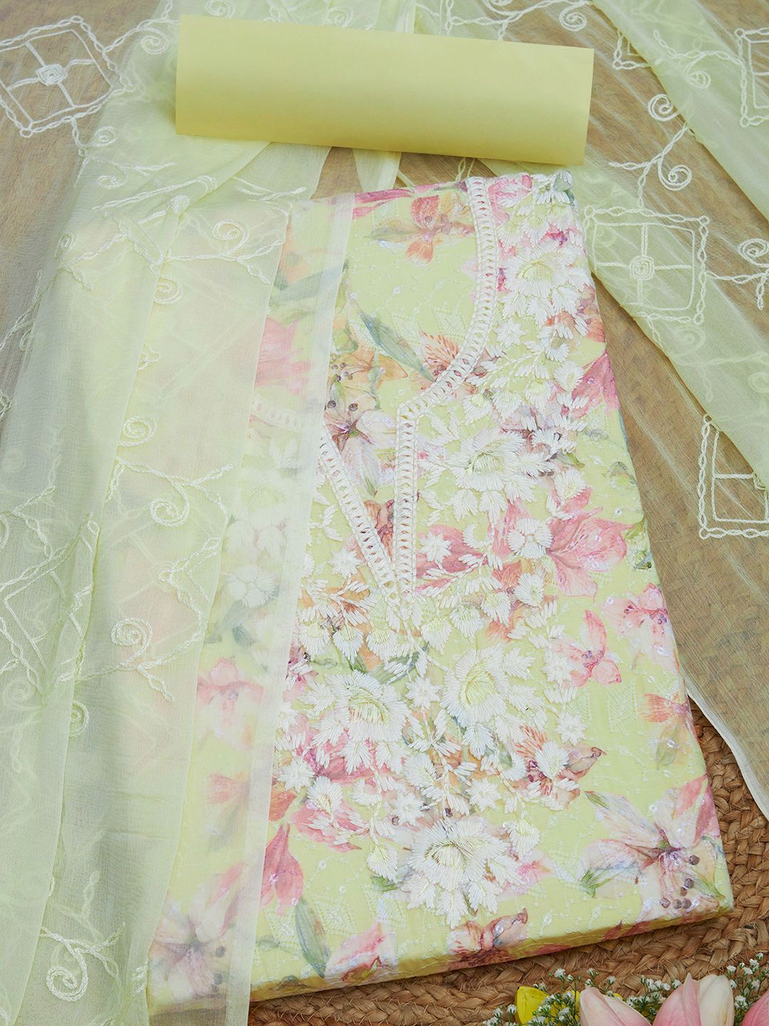 Soch Floral Printed Thread Work Cotton Unstitched Dress Material