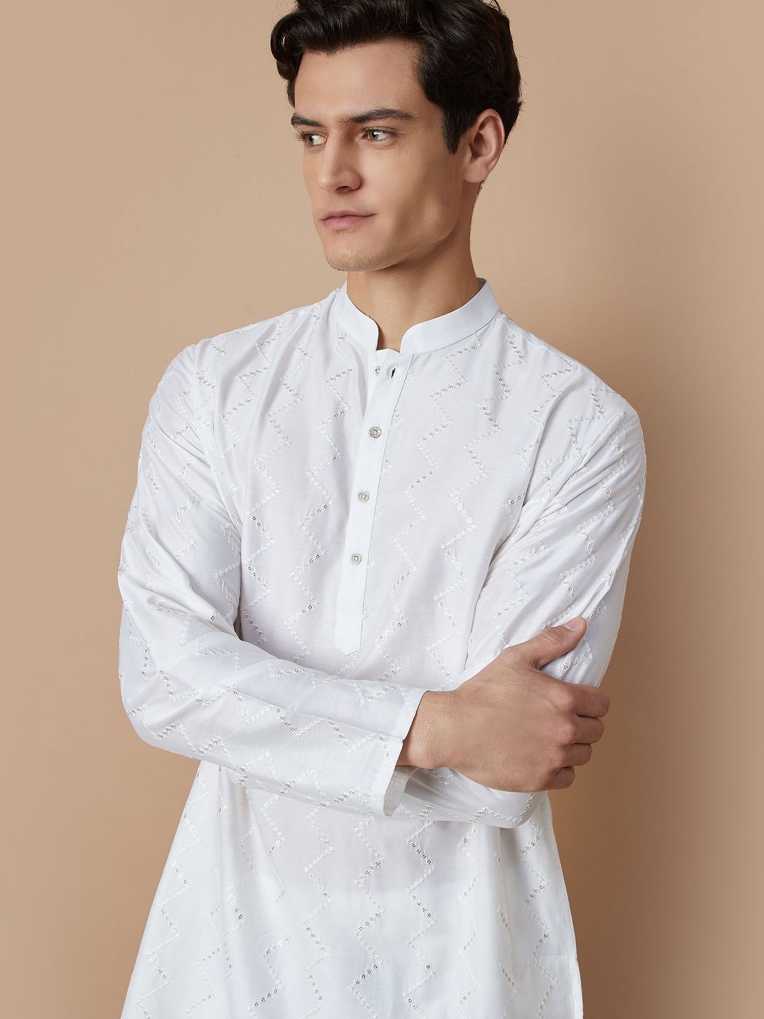 Melange by Lifestyle Geometric Embroidered Sequinned Mandarin Collar Straight Kurta