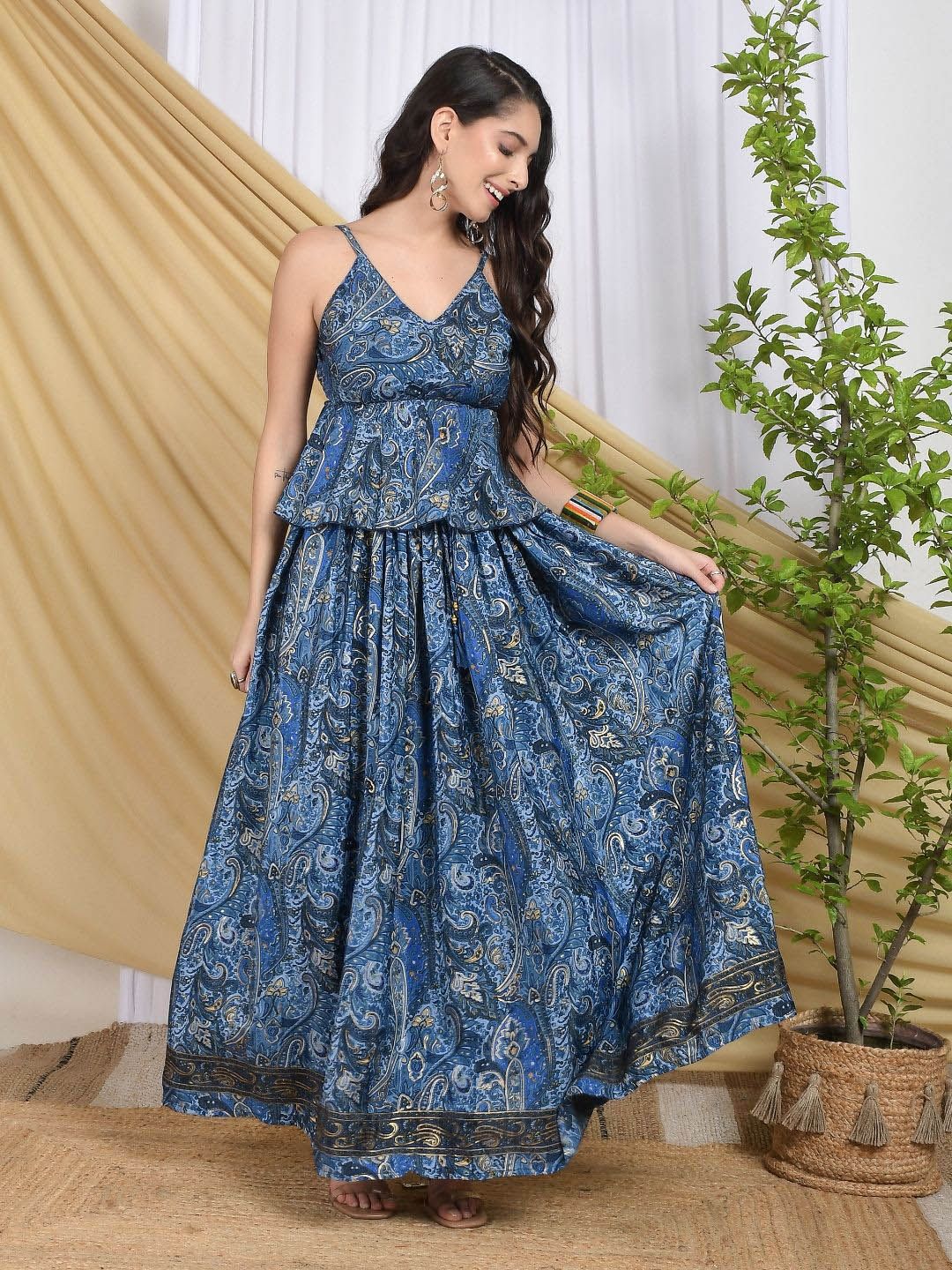 Boholyfe Maribel Boho Printed Shoulder Straps Top With Skirt Co-Ords