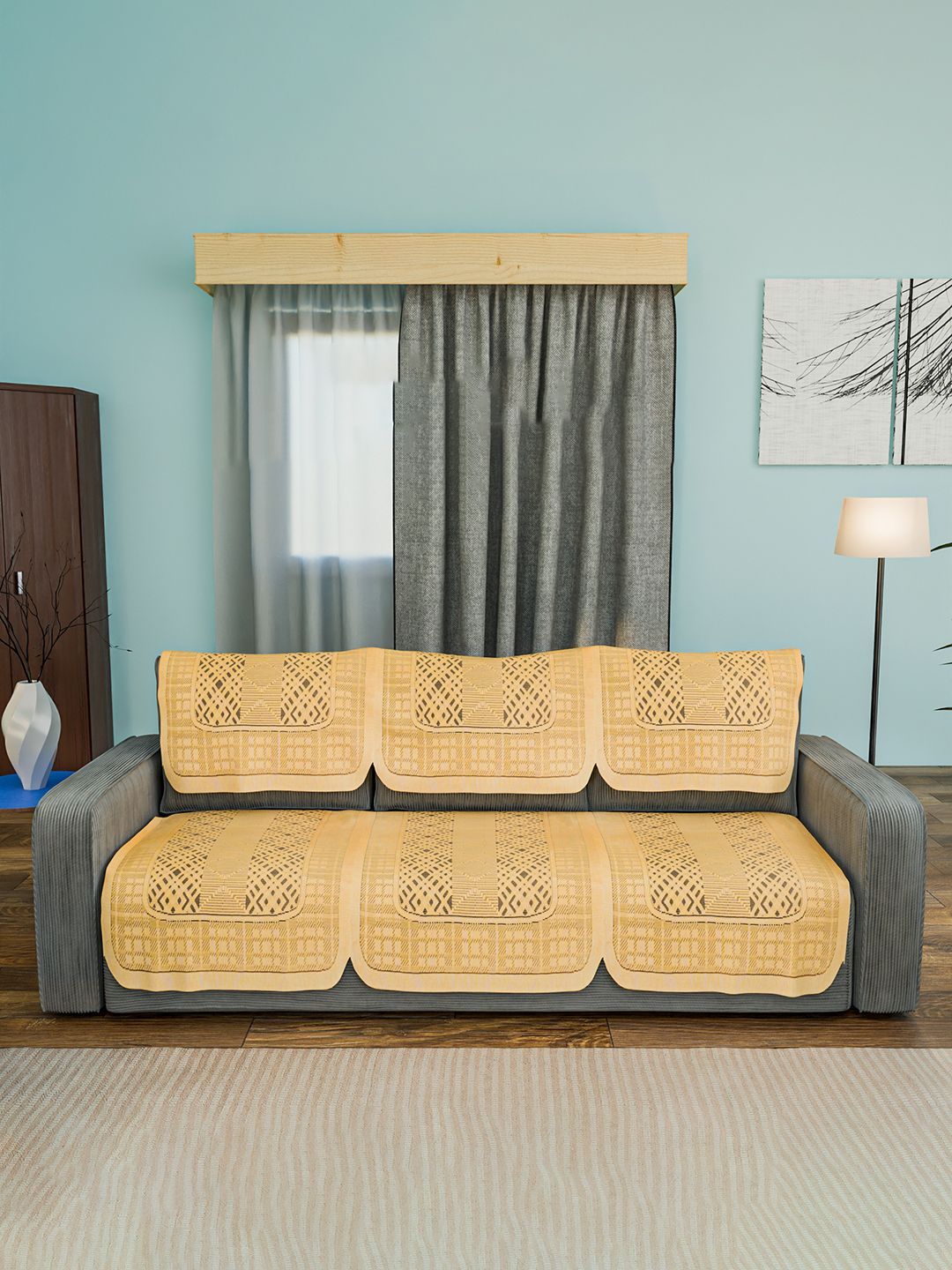 Kuber Industries Gold-Toned 6 Pieces Zig Zag Bright Cotton 3 Seater Sofa Covers