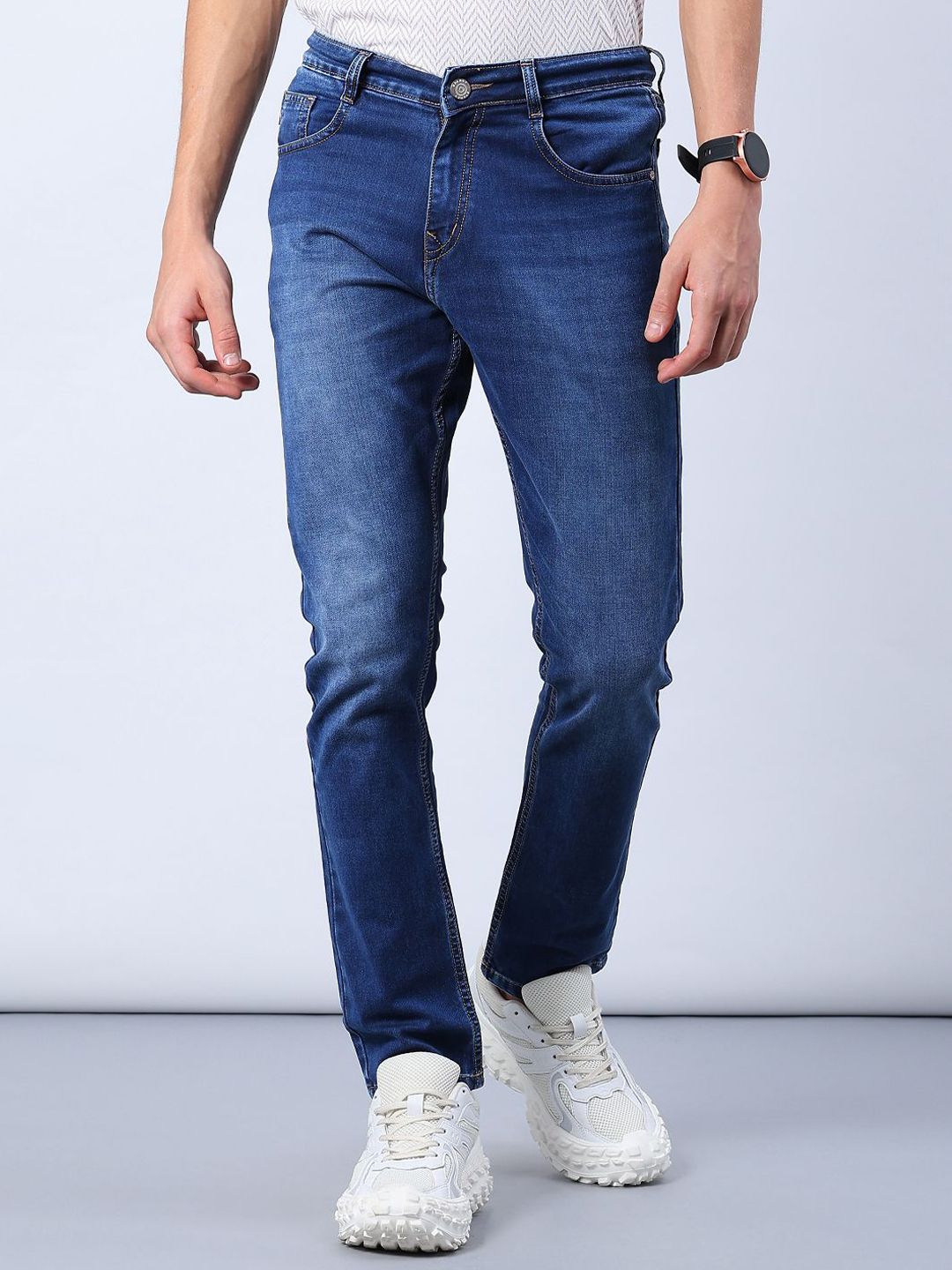 V-Mart Men Solid Cotton Knitted Denim Mid-Rise Jeans-Basic