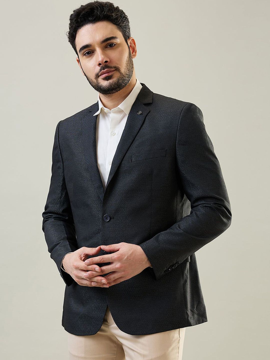 TIM PARIS Men Self Design Slim Fit Single Breasted Structure Blazer