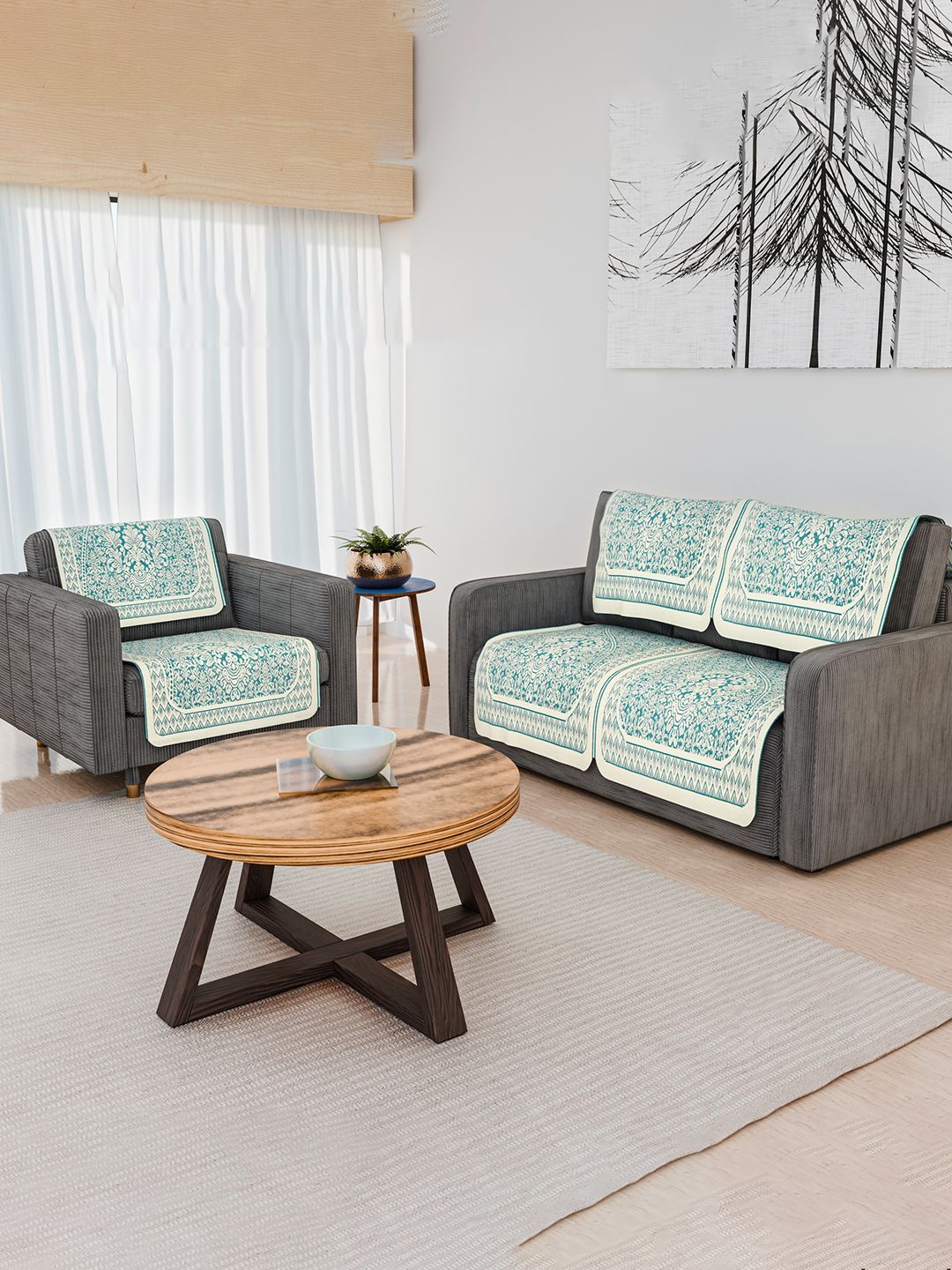 Kuber Industries Cream-Coloured & Blue 6 Pieces Printed Cotton 3 Seater Sofa Covers